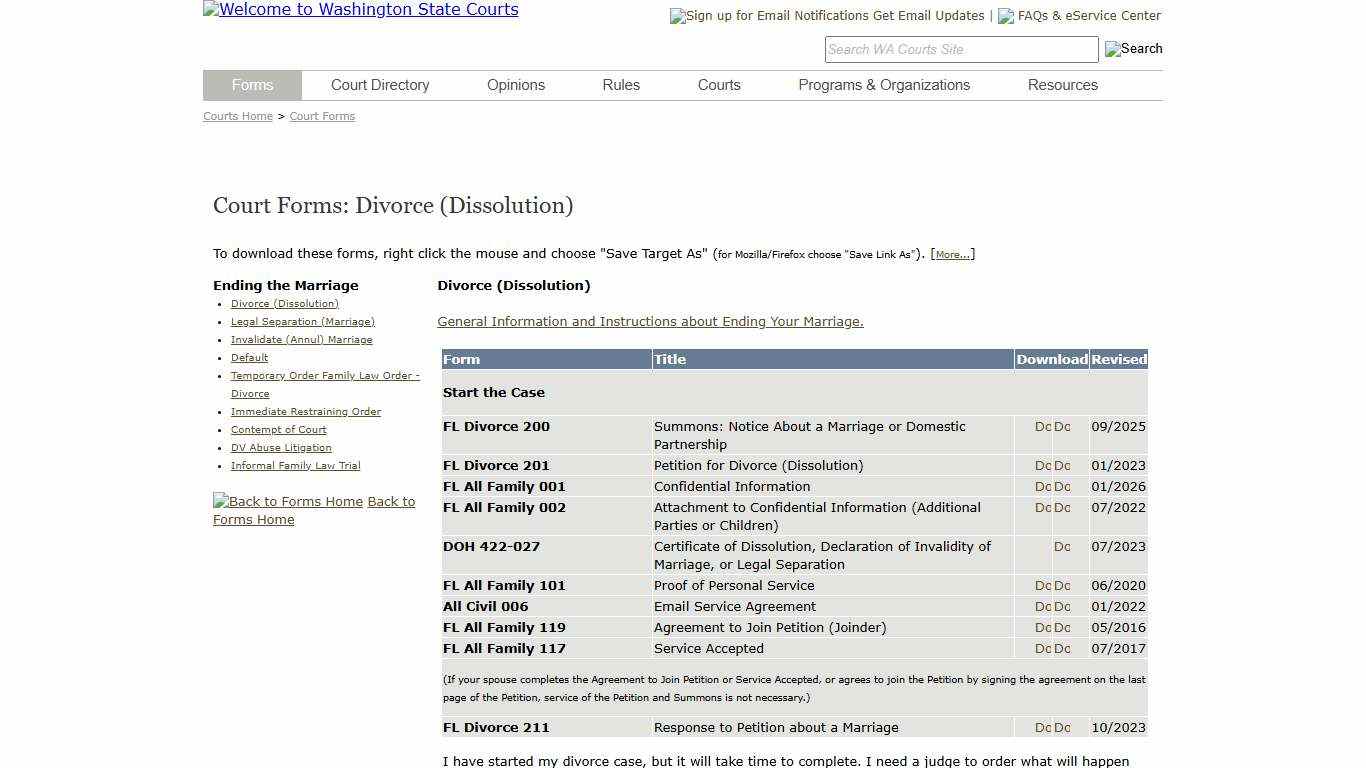 Washington State Courts - Court Forms - Dissolution (Divorce)